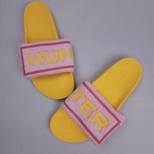 Hunter Logo Slide Sandals Sunshine Yellow Pink Terry Cloth Strap Womens US 8 EUC